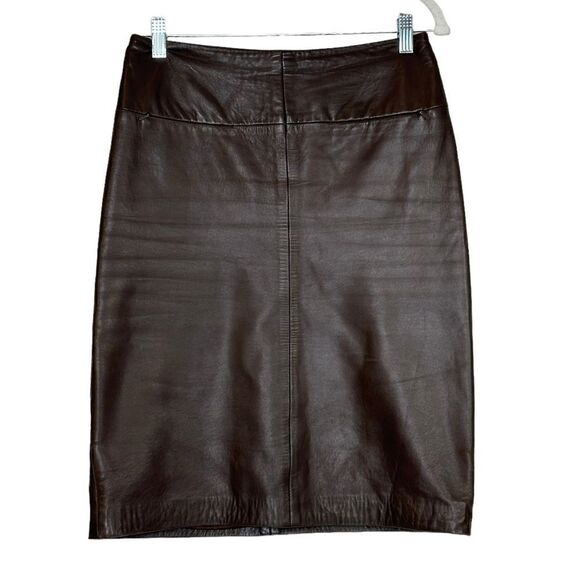 French Connection Vintage Brown Leather Pencil Skirt | Size 6 - Picture 1 of 7